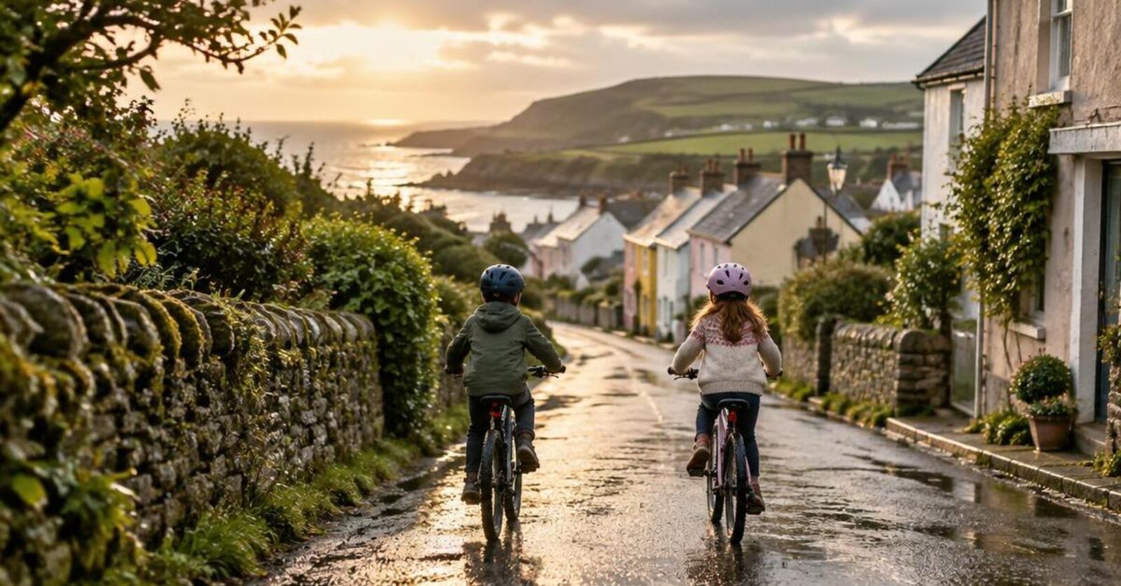 Two children cycling together down a quiet Irish village lane towards the sea at golden hour